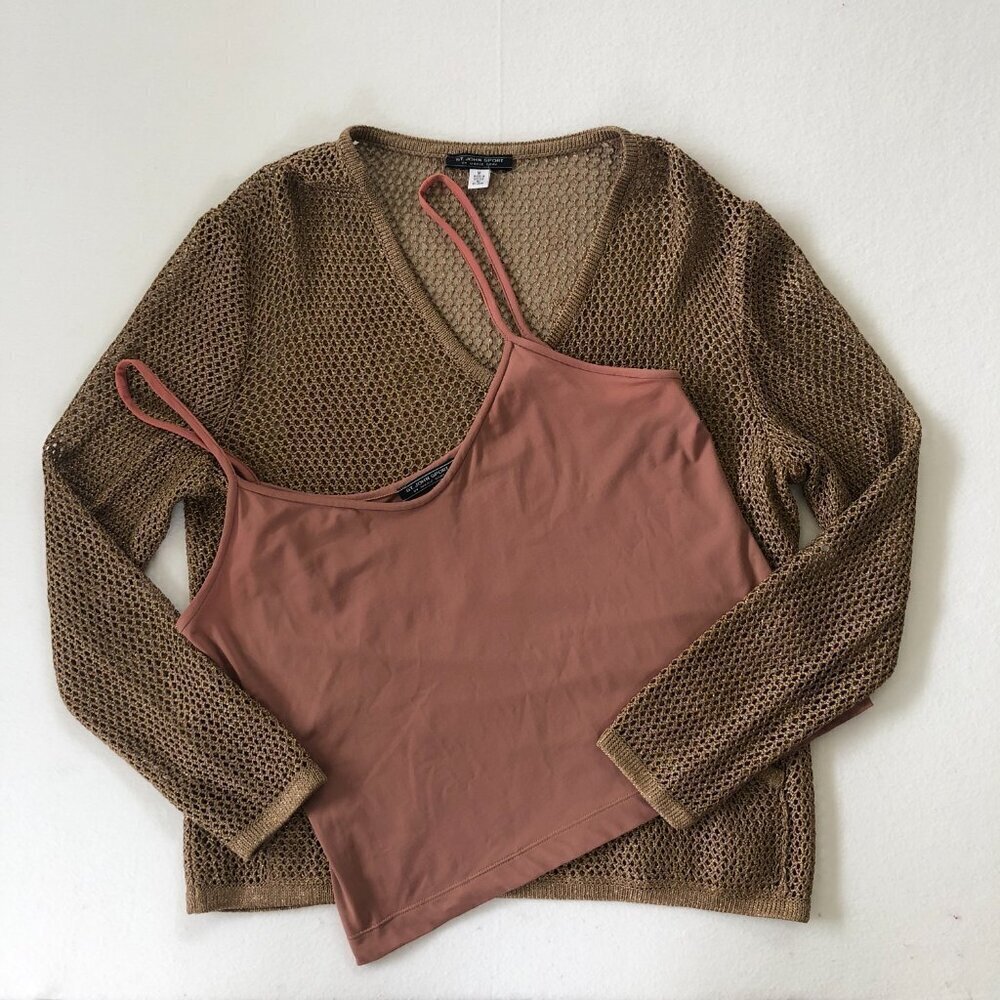 St John Marie Gray Vintage Mesh Metallic Sweater W/Tank Top Medium - Picture 3 of 14